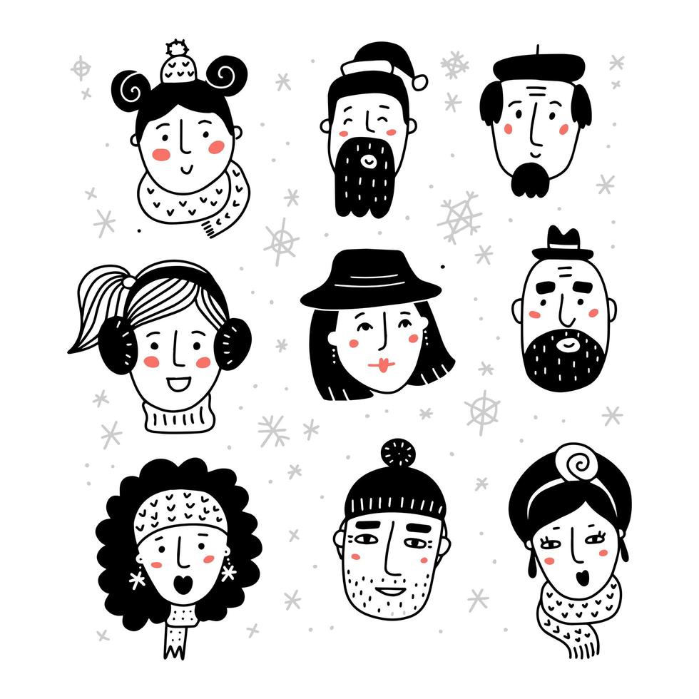 hola conjunto de invierno. retratos en blanco y negro de varias mujeres y hombres con un cálido y hermoso sombrero y bufanda. colección de garabatos dibujados a mano de rostros femeninos. ilustración vectorial dibujada a mano. vector