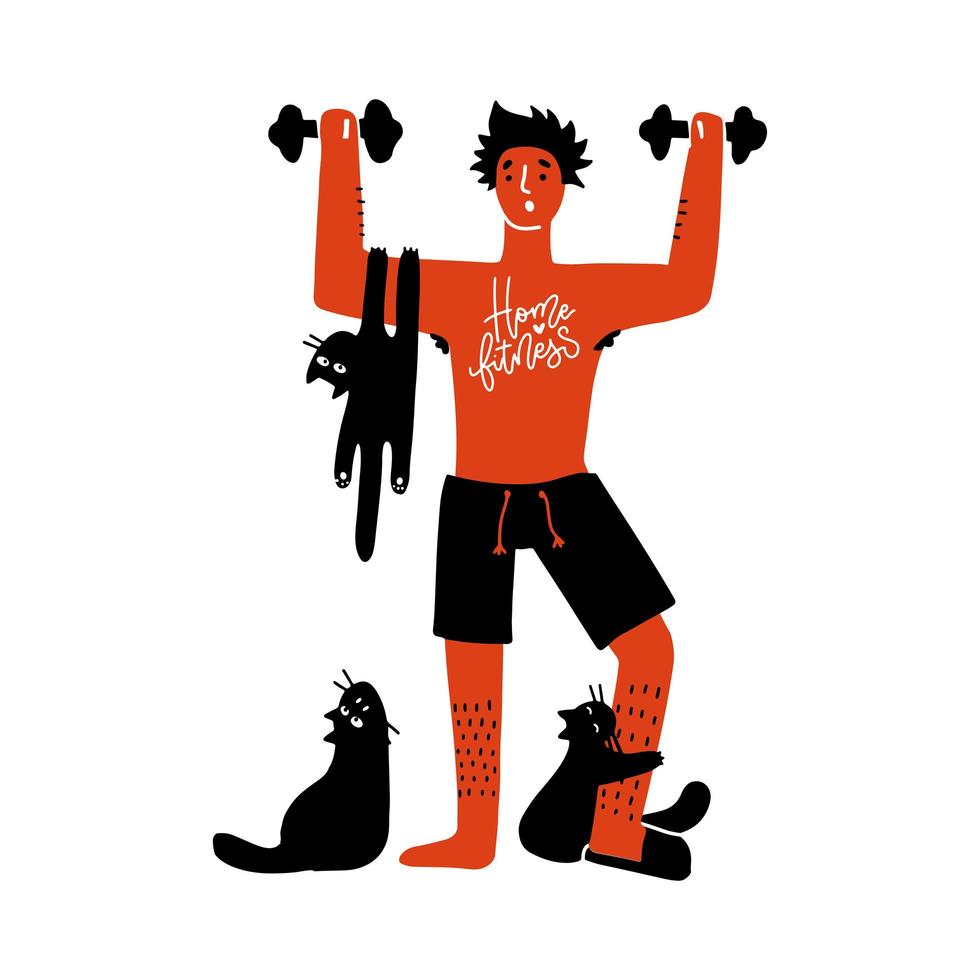 Home Fitness workout concept. Man exercises with cats isolated simple print. Home workout is difficult, as the pets actively interfere. Vector flat illustration with fun people activities