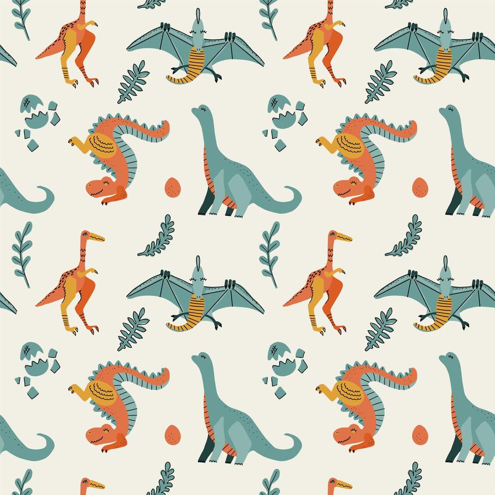 lindo patrón vectorial infantil sin costuras con dinosaurios t-rex con huevos, decoración. dibujos animados divertidos dino pterodáctilo. diseño de garabatos dibujados a mano para niñas, niños. ilustración infantil para ropa de moda, tela vector