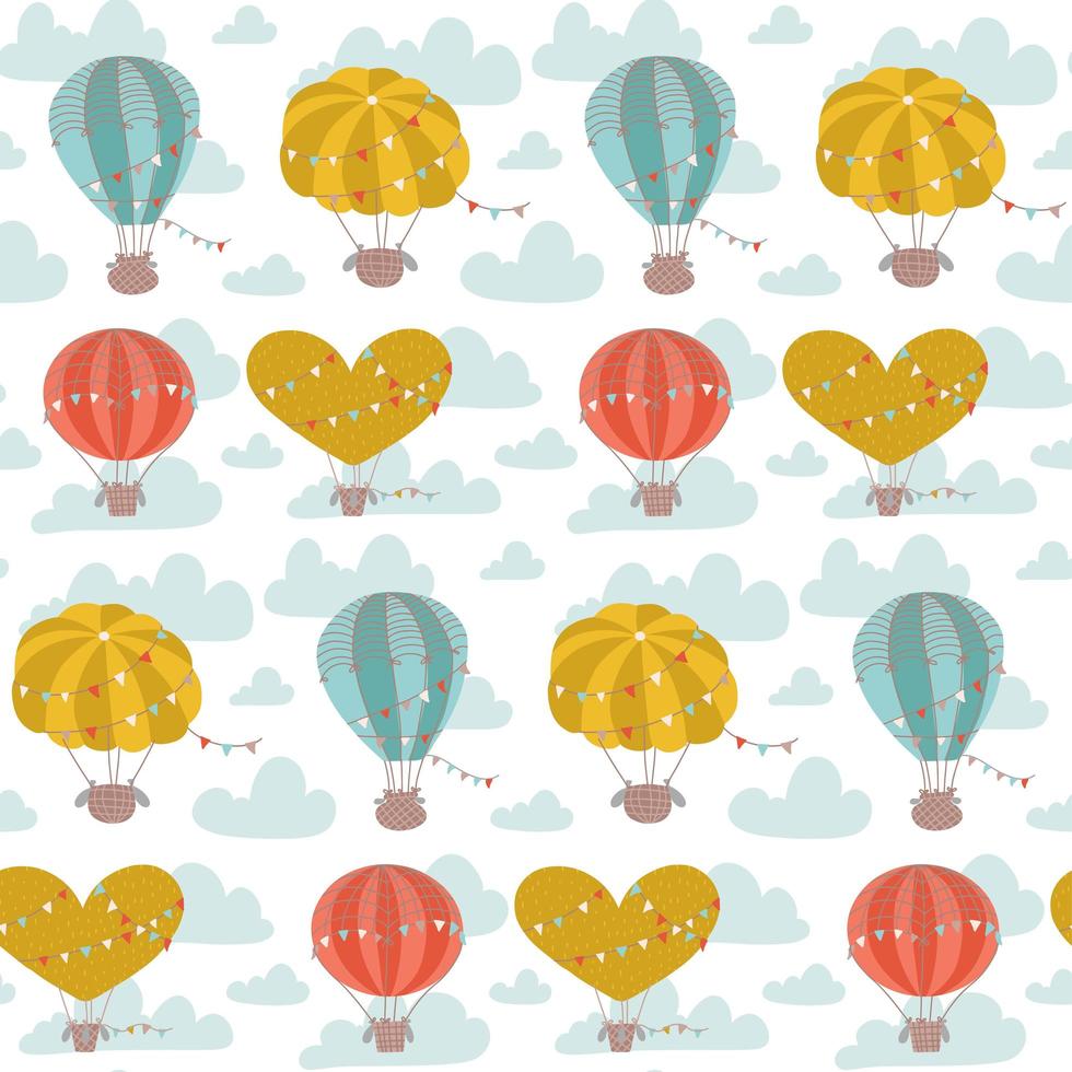 Cartoon flat seamless pattern with hot air balloons, flags and clouds. Cute vector background for kids.