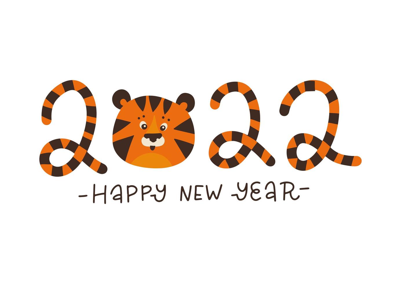 2022 Year of the tiger - happy New year. 2022 - stylized inscription with a tiger head. Vector flat hand drawn illustration