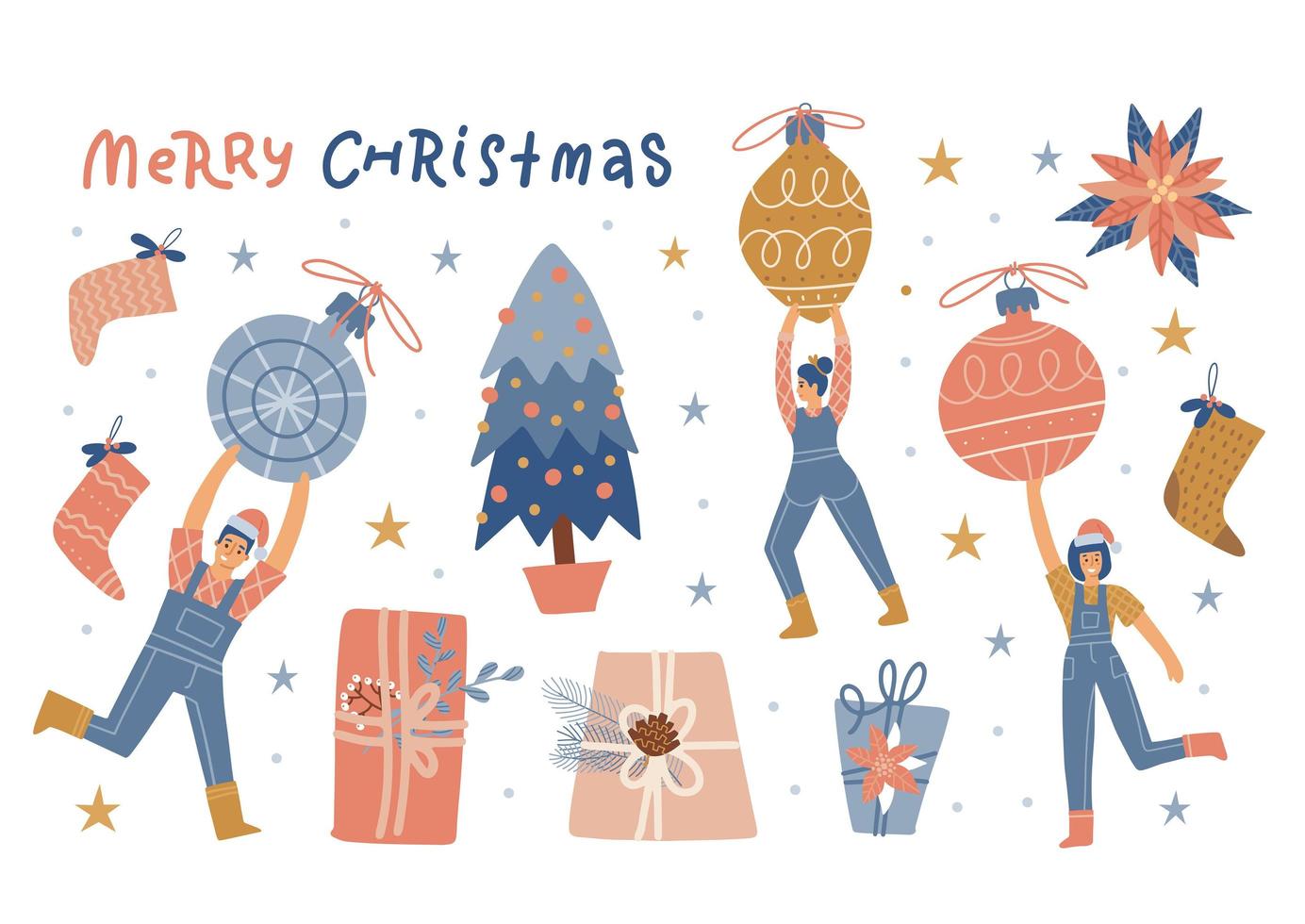 Merry Christmas and New Year Celebration collection. Little People Having Fun and holding big xmas tree toys, baubles and balls. Christmas tree, socks and gift boxes. Flat Vector Illustration