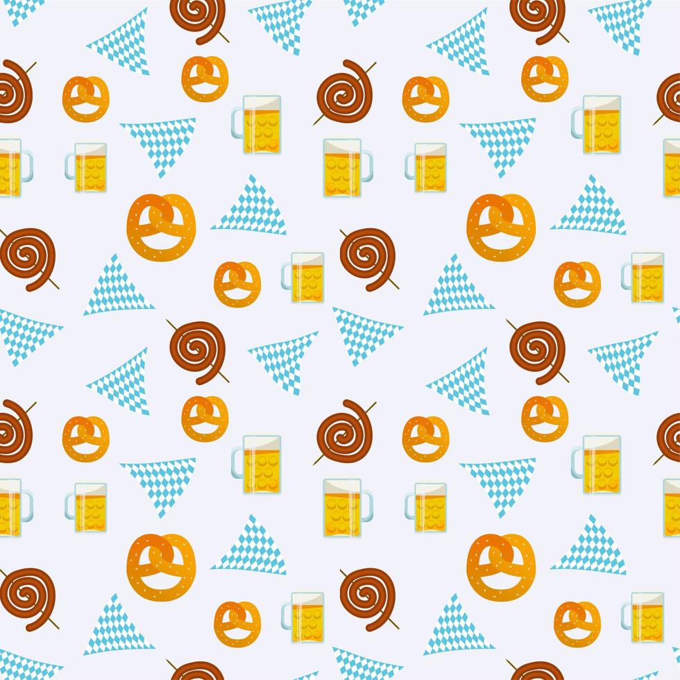 Seamless flat pattern of traditional Oktoberfest food. Oktoberfest beer festival icons. Oktoberfest symbol - mug, snack, pretzel, sausage, tags, garland on white background vector
