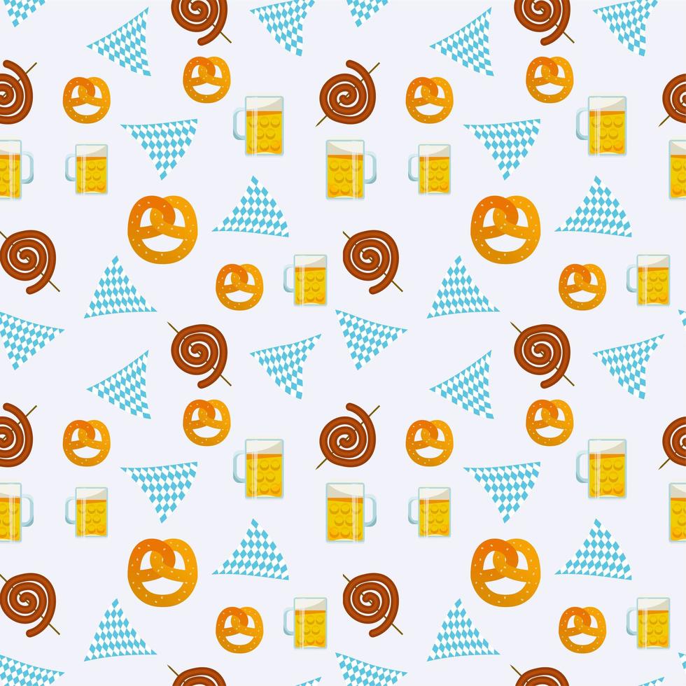 Seamless flat pattern of traditional Oktoberfest food. Oktoberfest beer festival icons. Oktoberfest symbol - mug, snack, pretzel, sausage, tags, garland on white background vector