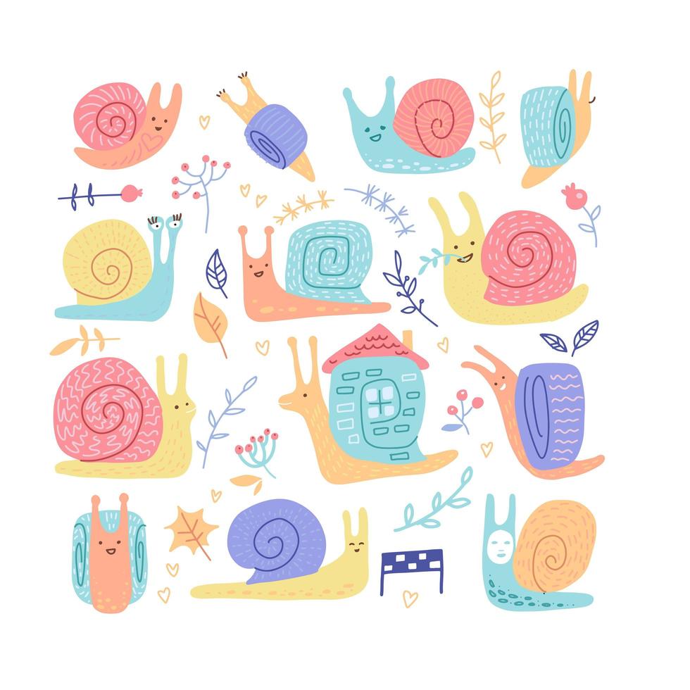 Set of hand drawn childish snails of different behavior shell colours in doodle color style isolated on white background. Flat vector illustration in scandinavian style.