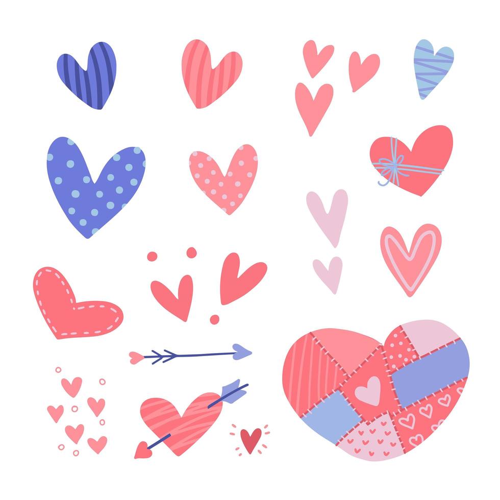 Hearts stickers set. Valentine s day hearts for card, poster, banner, logo, web, pattern, icons. Flat hand drawn style illustration. Love symbol, romantic clipart collection vector