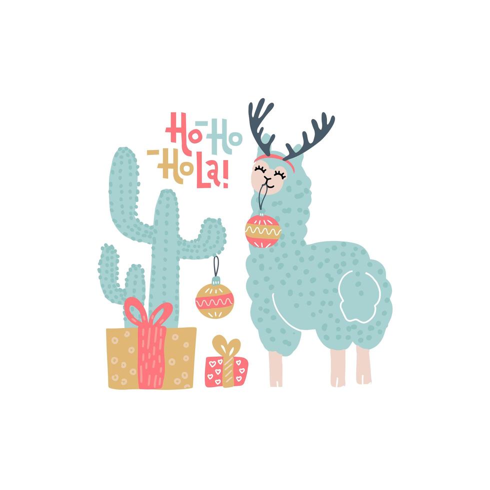 lindas plantillas vectoriales de tarjetas de felicitación navideñas de alpaca para niños con cactus, cajas de regalo, llama de color divertida con texto escrito a mano - ho-ho-ho-la. llama en astas decora cactus con bolas de navidad. vector