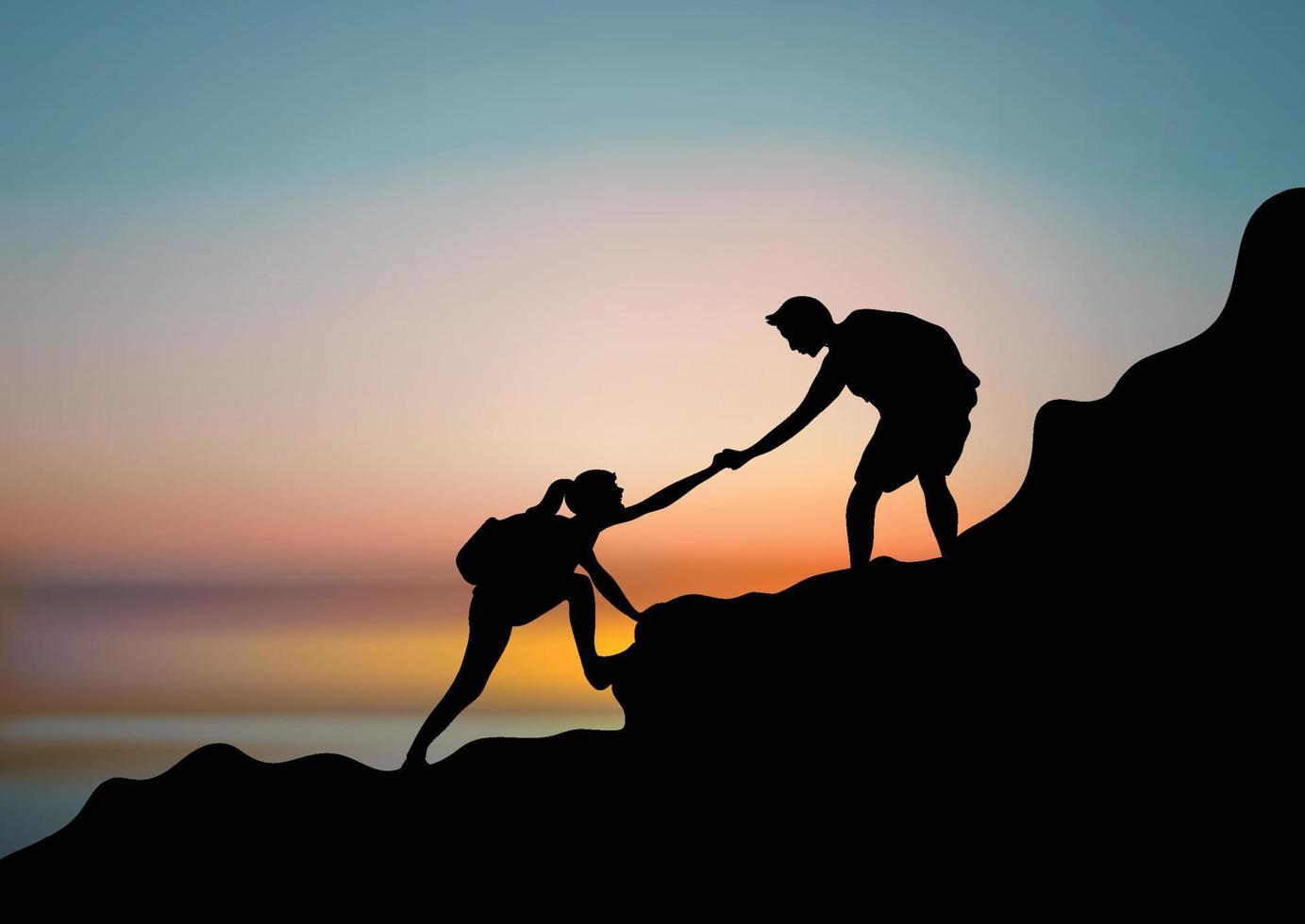 A couple of hikers helping each other climb a mountain vector