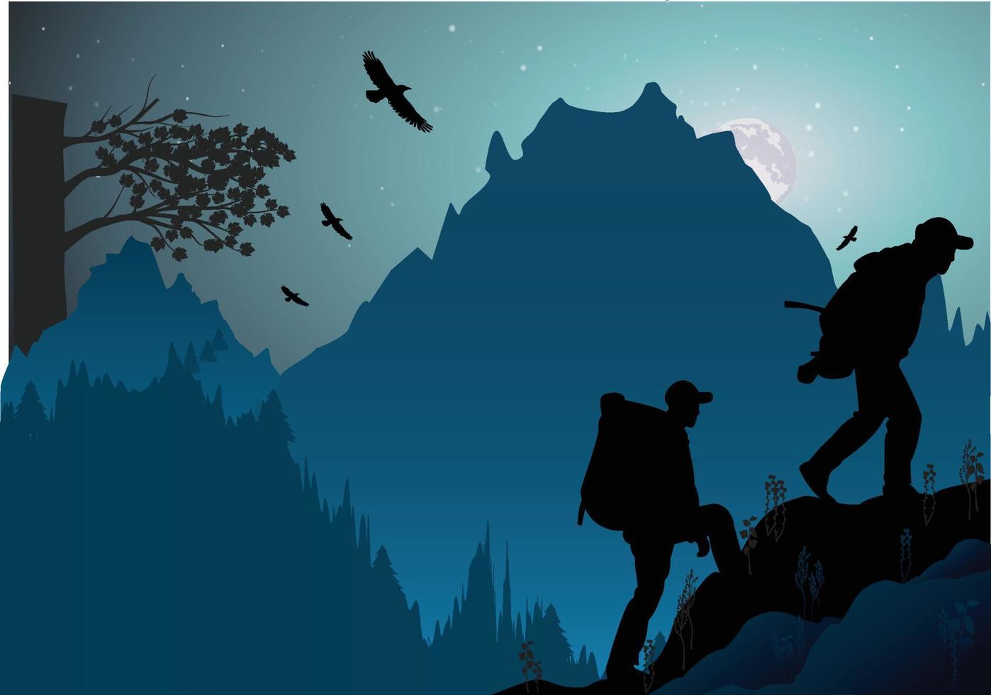 Silhouette of two people climbing mountain vector
