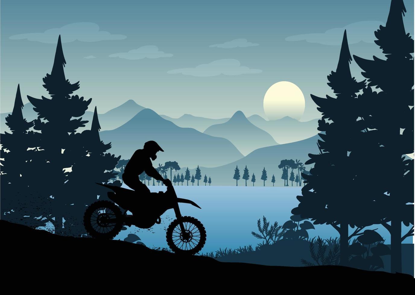 motociclistas, motocicleta, siluetas, en, salvaje, bosque, montaña, naturaleza, paisaje, plano de fondo vector