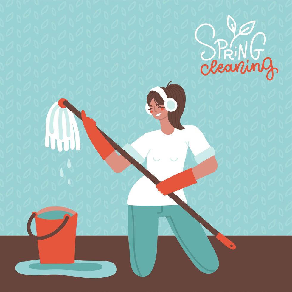 Girl with headphones washing the floor and having fun. Woman plays mop like guitar. Female character performs songs while Spring cleaning. Flat hand drawn vector banner with lettering text.
