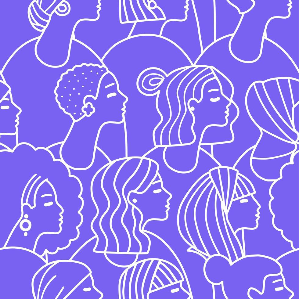 Hand drawn different female faces seamless pattern. Trendy woman face doodle texture with abstract line shapes, minimal girl face. Vector stylized monoline illustration.