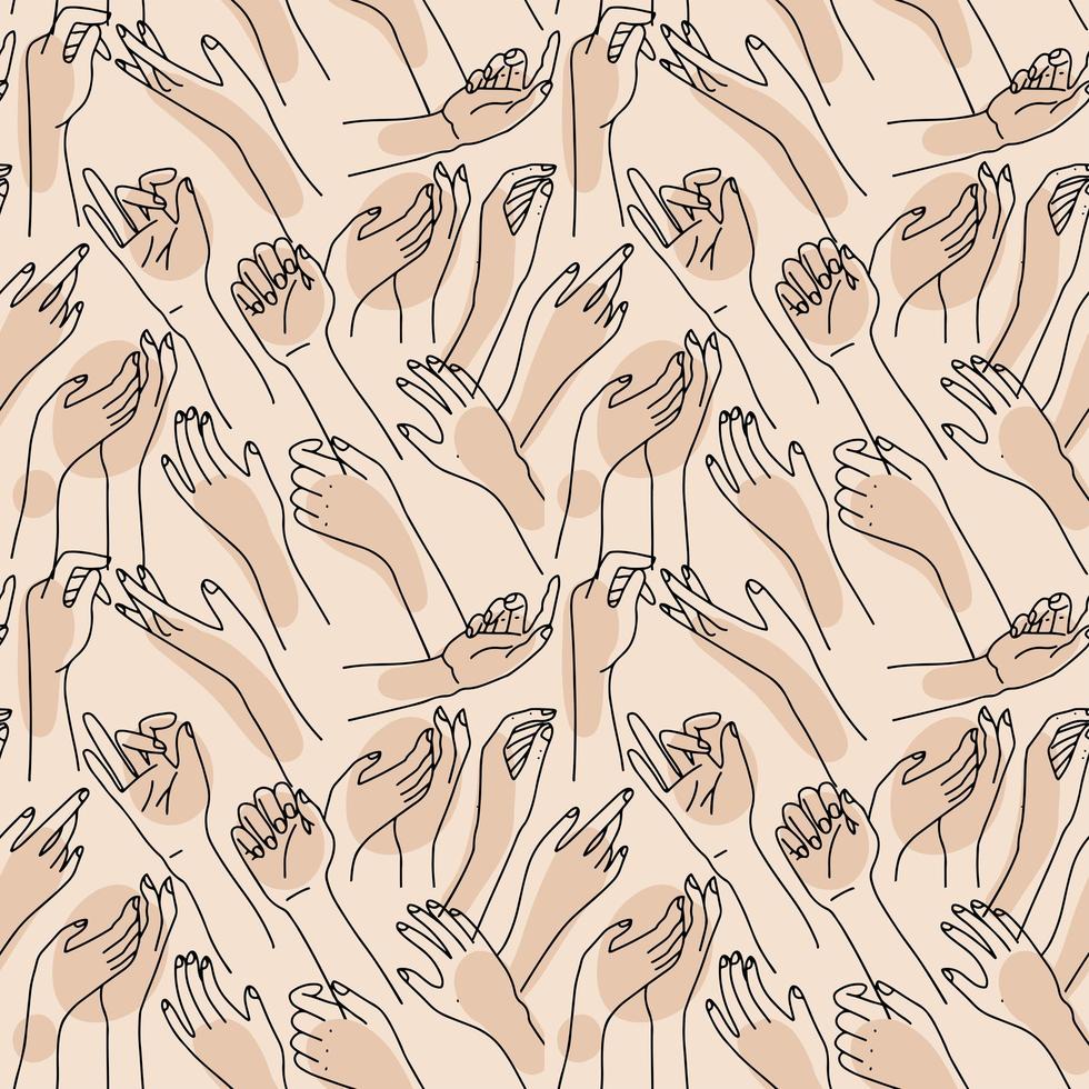 Abstract seamless pattern with linear female hands. Hands up, black on beige background. Outline hand drawn drawing. Vector illustration.
