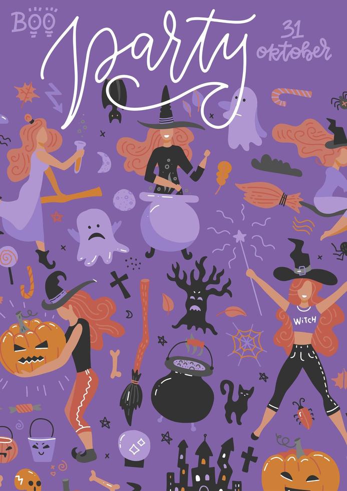 concepto de halloween de banner de fiesta con icono plano sobre fondo violeta. ilustración dibujada a mano vectorial con letras. plantilla de póster vertical a4. vector