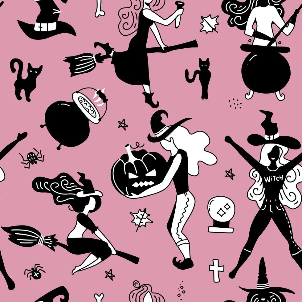 Seamless pattern Of Vintage Happy Halloween flat icons. Halloween Scrapbook Elements. Vector illustration. Cute Halloween Characters of young witches having fun, flying, conjuring.