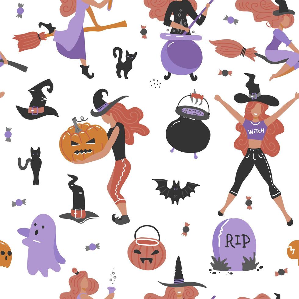 Seamless Halloween pattern with cute young witch, cat, ghosts, bats, boiler and pumpkins. Vector flat hand drawn illustration.