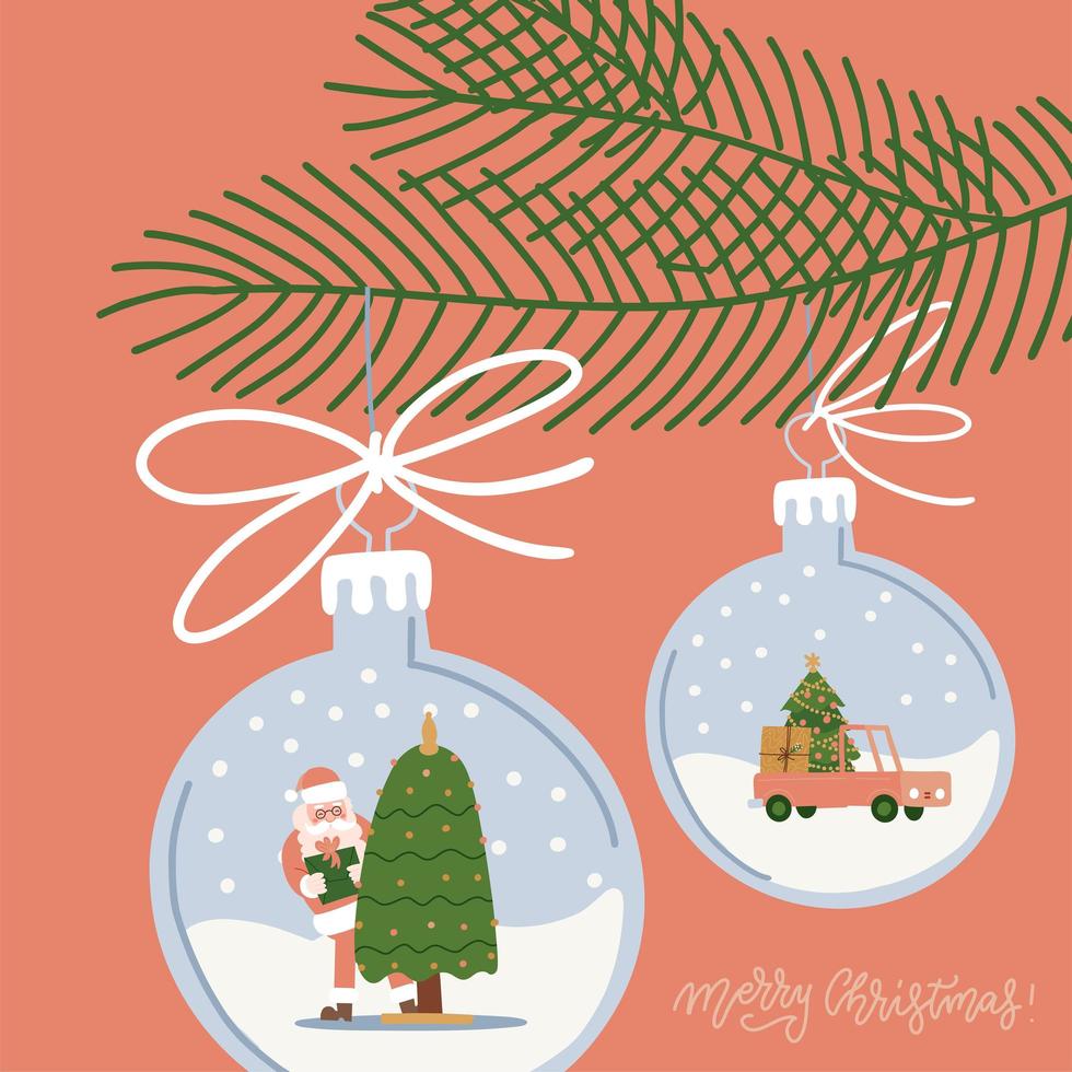 Christmas tree decorations - hanging balls with snow landscape inside. Fir branch with baubles holding Santa and xmas tree. Flat vector greeting card.