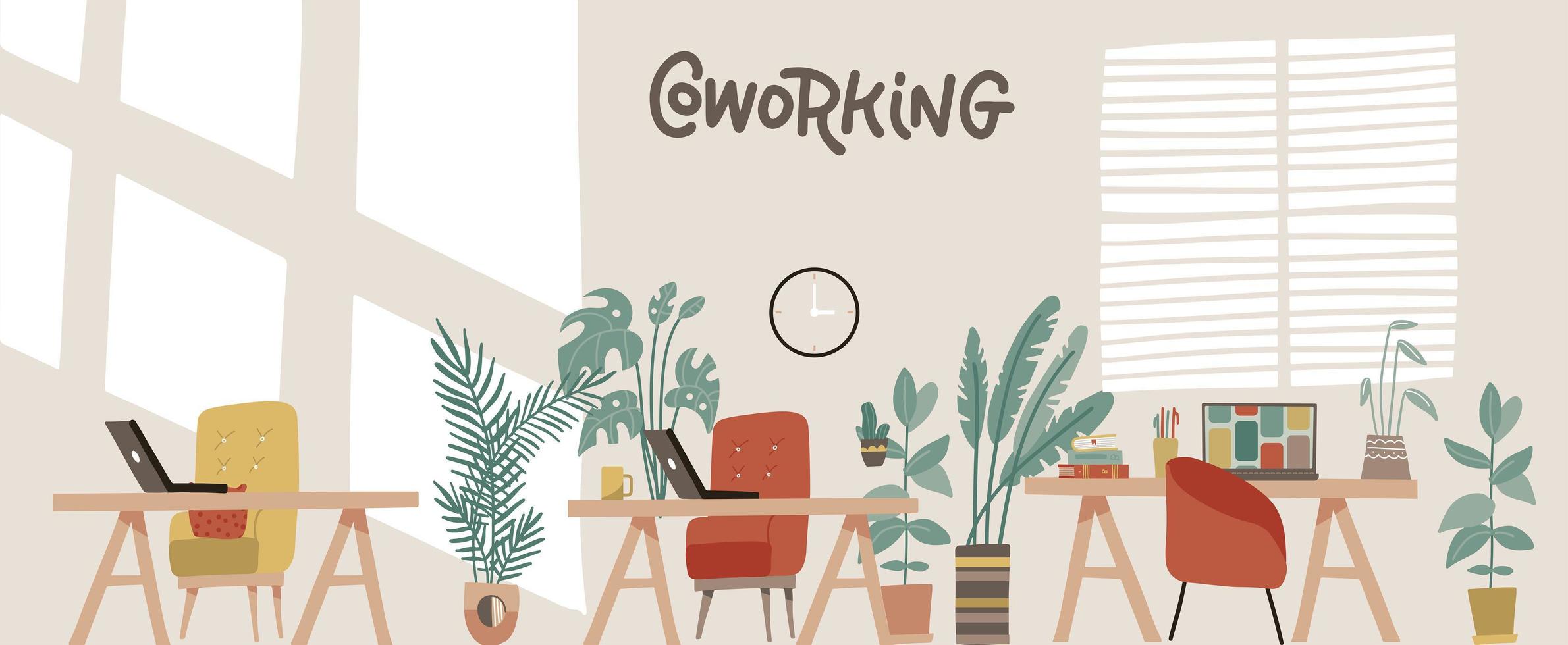 Office with houseplants . Coworking workspace interior design in Scandinavian style. Workers desks with modern chairs. Laptops and potted plants flat vector illustration.