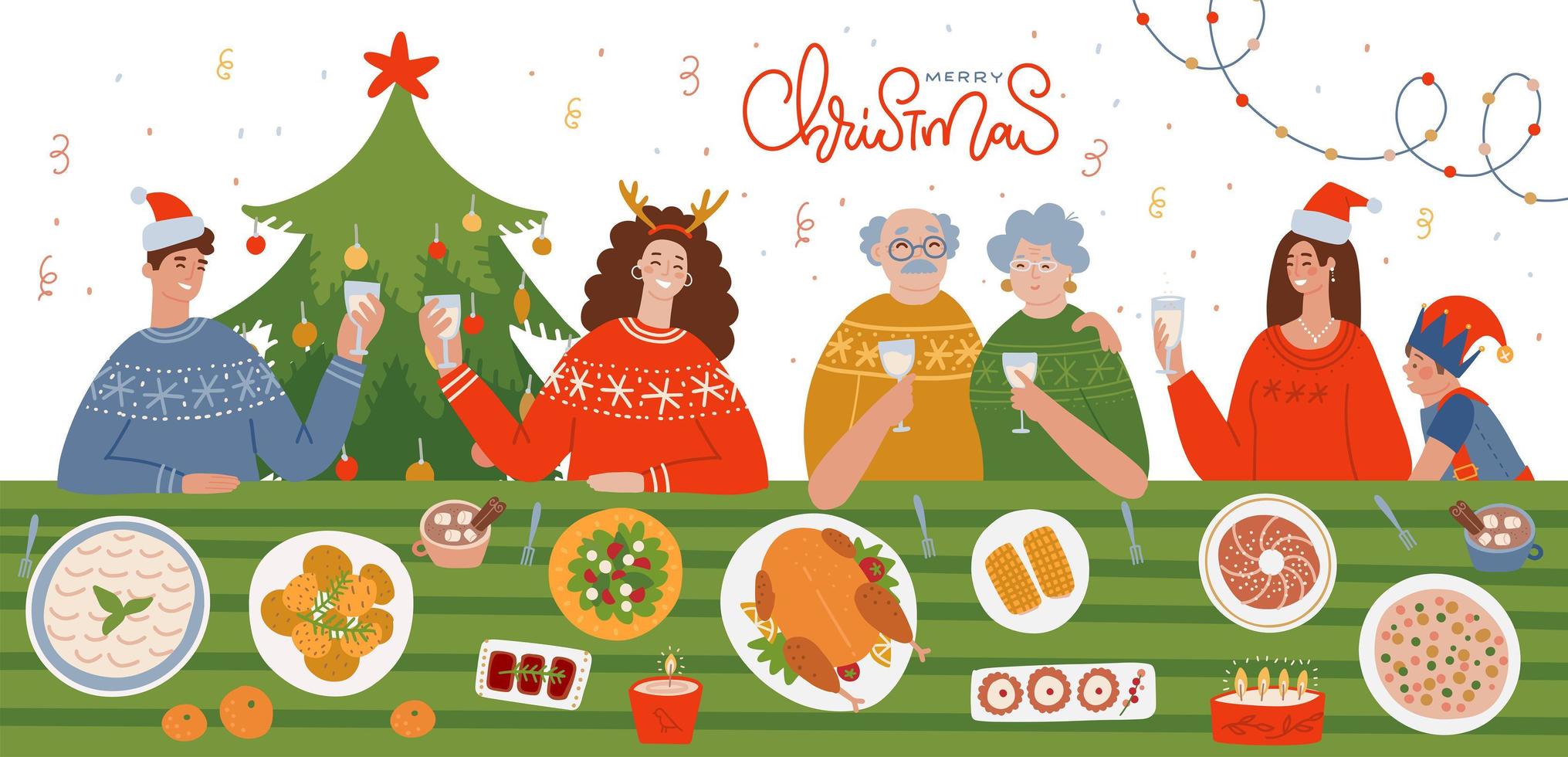 Large family celebrates Christmas or New Year at home. Grandma and grandfather, mom, dad and kid are sitting at the table and having feast dinner. Cozy interior with a Christmas tree. Vector flat card