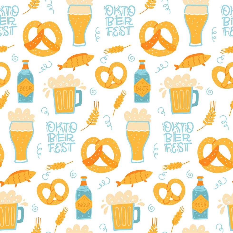 Trendy seamless pattern of oktoberfest lettering, pretzels and beer mugs. Flat hand drawn illustration. vector