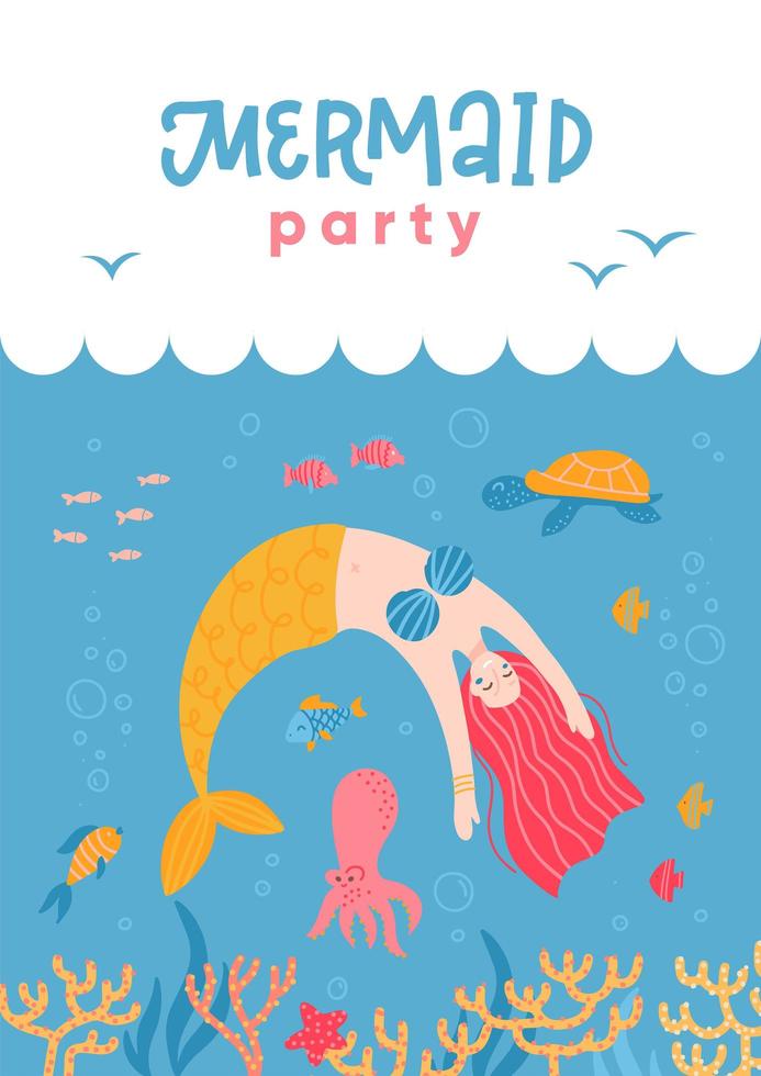 Having fun mermaid and sea life cartoon for party invitation card A4 size template. Under water world with fairytale character. Hand drawn isolated flat vector illustration.