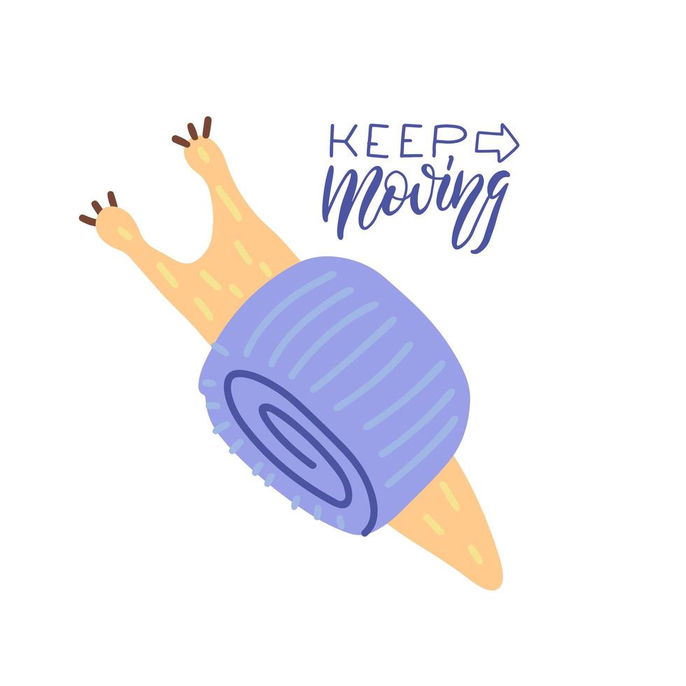 Keep moving lettering quote. Flat Hand drawn view from above Snail vector illustration. Graphic for typography poster, card, label, flyer, page, banner, baby wear, nursery. Scandinavian style.