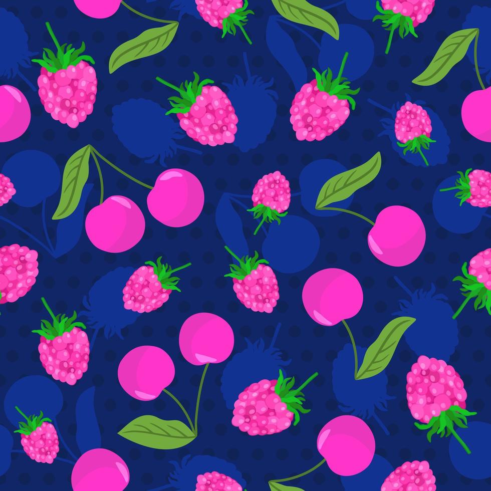 Vector seamless pattern with raspberries and cherries.