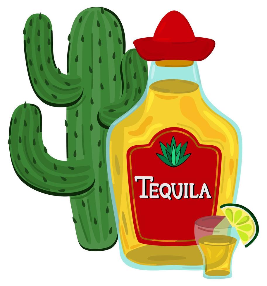 Vector isolated illustration of bottle of tequila, little glass with lemon and cactus on background.