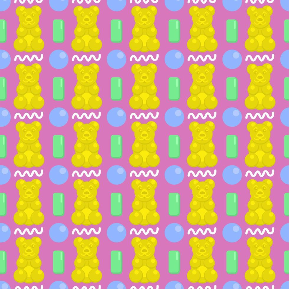 Vector seamless pattern with jelly bears, bubbles and chewing gums.