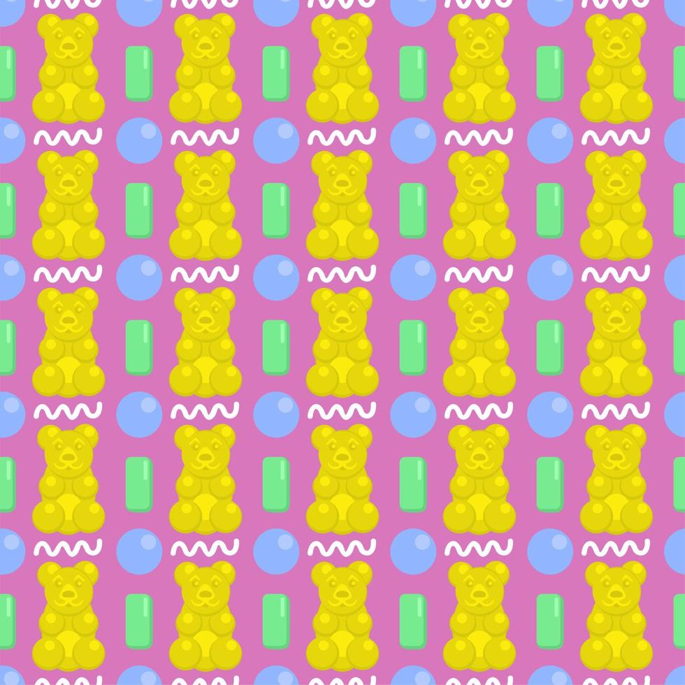 Vector seamless pattern with jelly bears, bubbles and chewing gums.