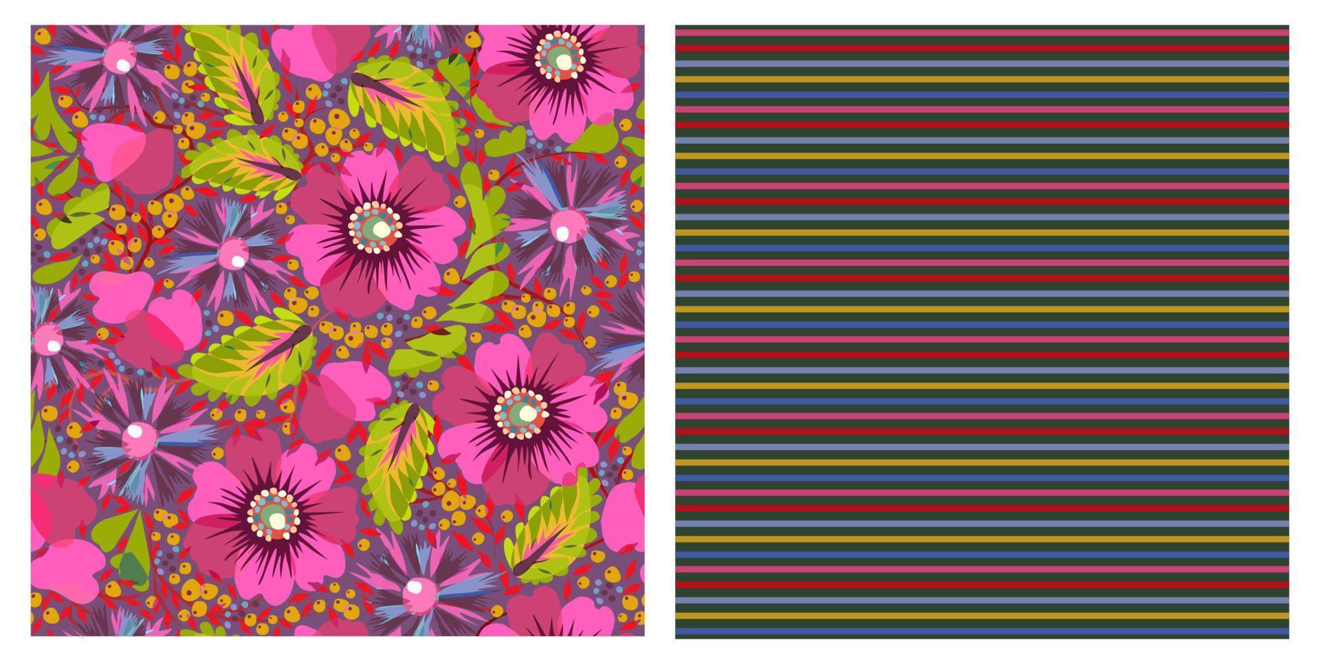 Vector set of two colorful seamless patterns, floral and striped.