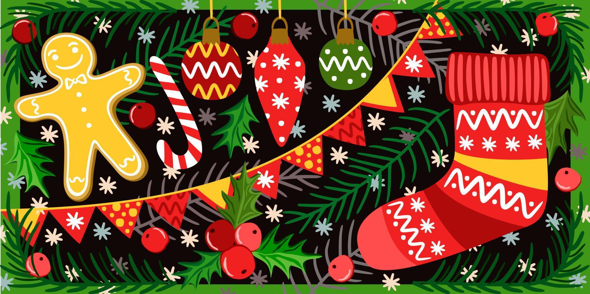 Christmas set with gingerbread man, holly berries, fir branches, snowflakes and christmas toys on dark background vector