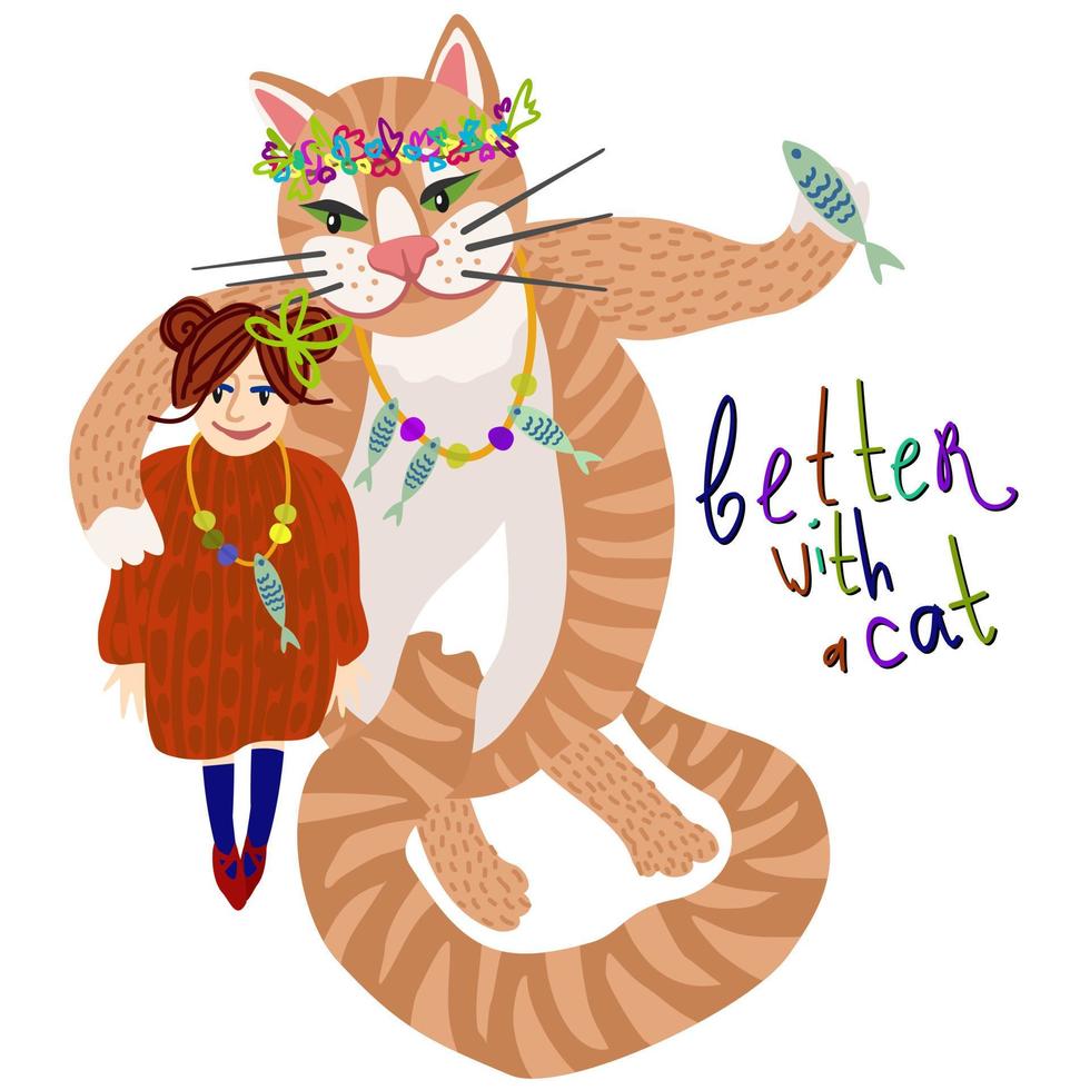 Better with a cat. Little girl and her big red cat. vector