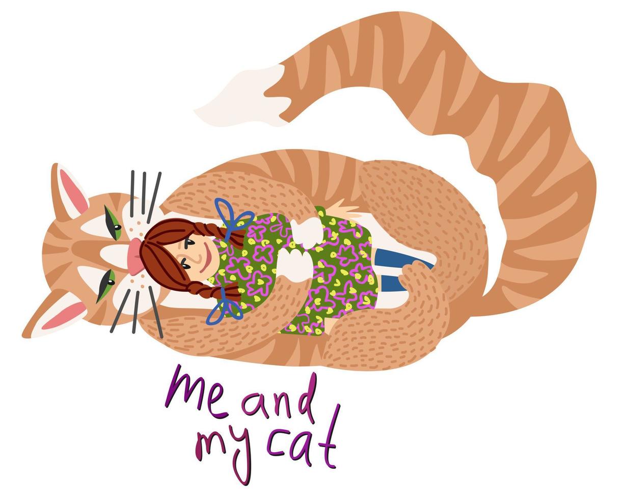 Me and my cat. Vector isolated illustration of a girl with her cat.