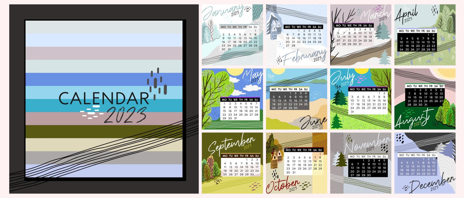 calendario 2023. colorido calendario mensual con varios paisajes