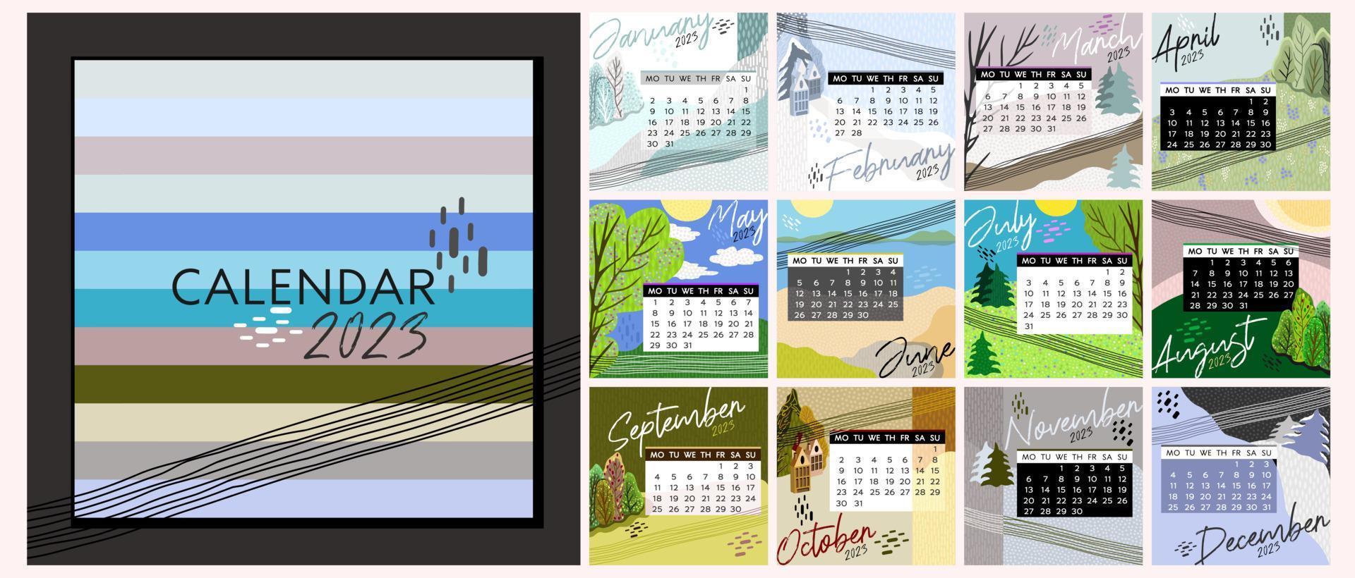 Calendar 2023. Colorful monthly calendar with various landscapes. vector