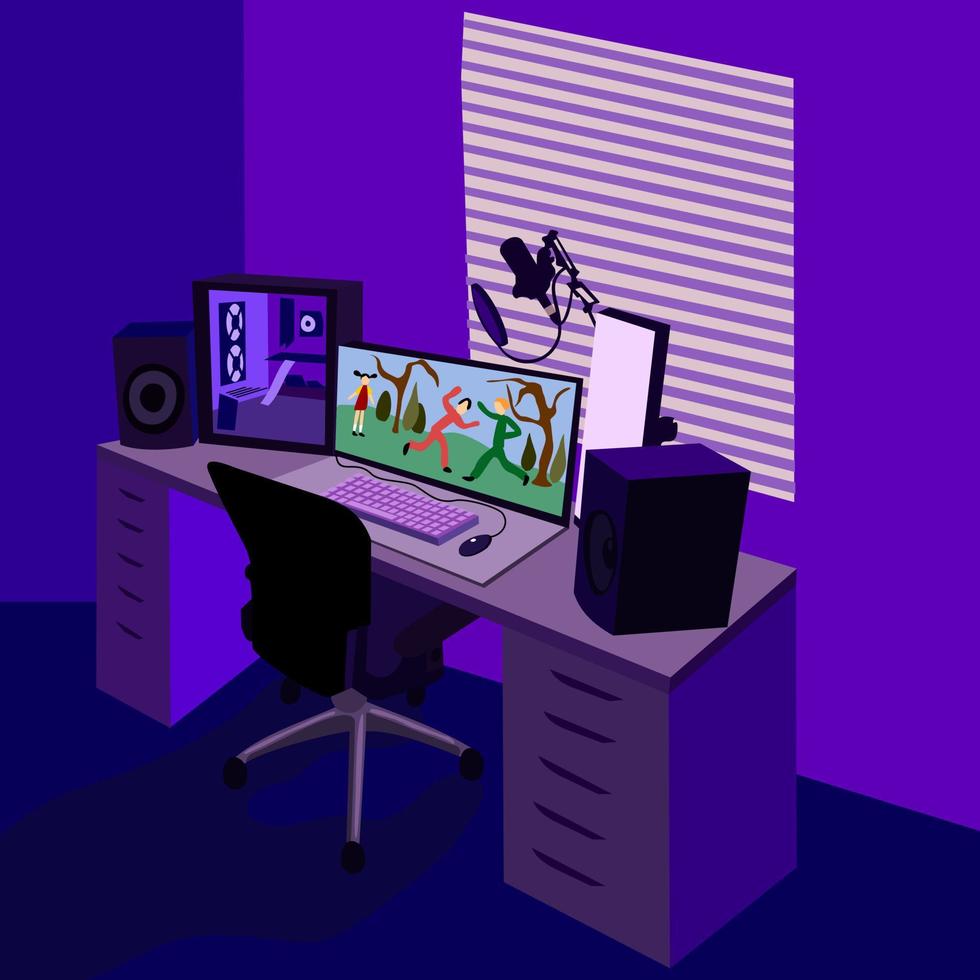 Gamer's room. Video game station. Desktop with gamer's equipment. Room of video game streamer. vector