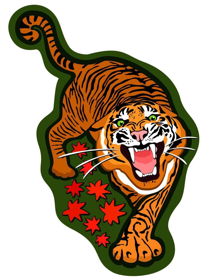 Vector isolated sticker with angry tiger on dark green background.