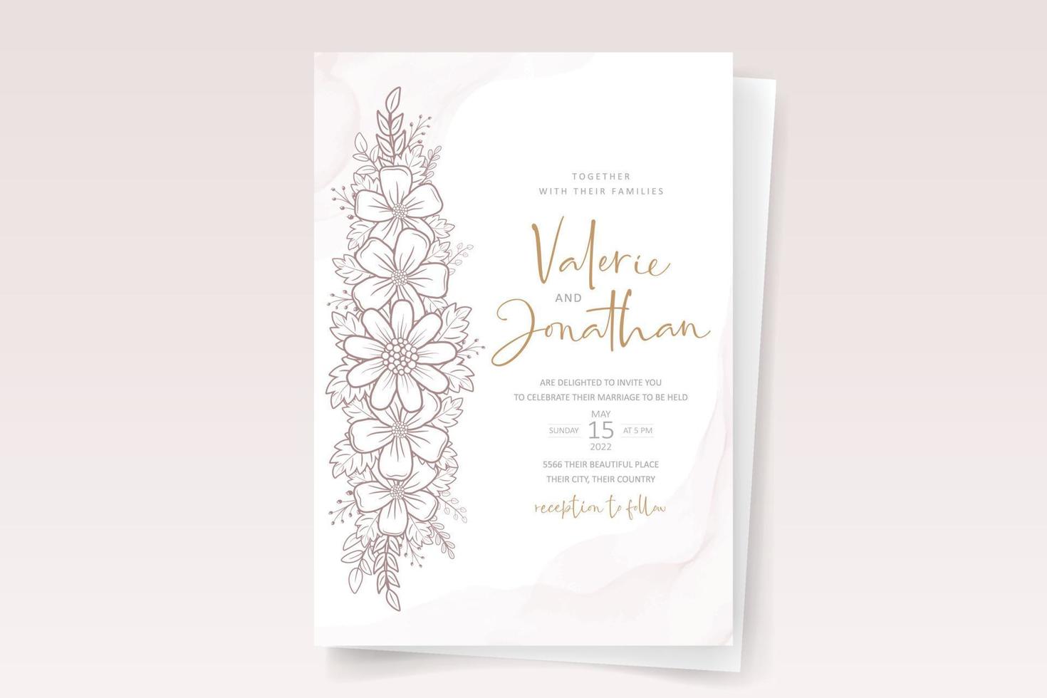Wedding invitation template with floral outline decoration vector