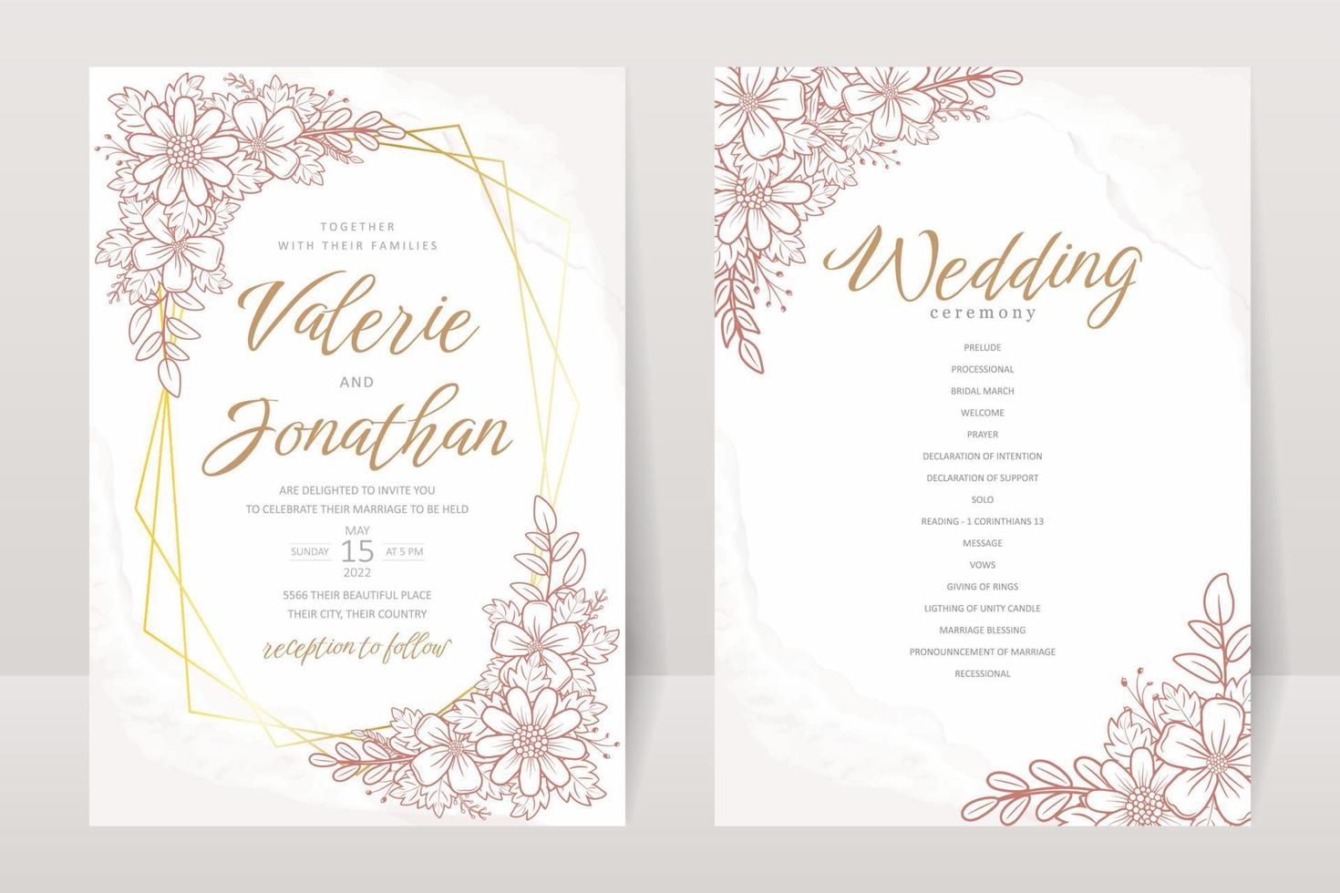 Wedding invitation template with floral outline decoration vector