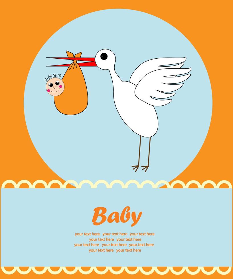 A stork carries a child in the clouds. A postcard about the birth of a child. Illustration. vector