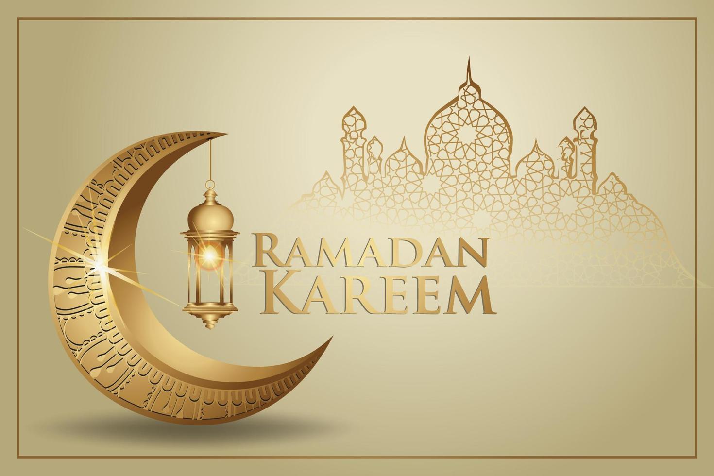 ramadan kareem con lujosa luna creciente dorada, vector de tarjeta de felicitación ornamentada islámica de plantilla