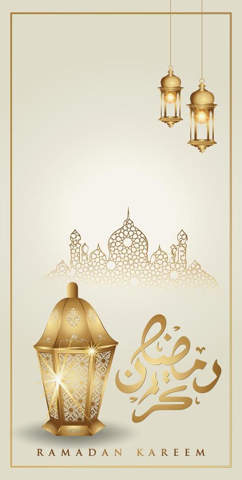 Ramadan kareem with golden luxurious crescent moon and Traditional lantern, template islamic ornate greeting card vector for Mobile interface wallpaper design smart phones, mobiles, devices.