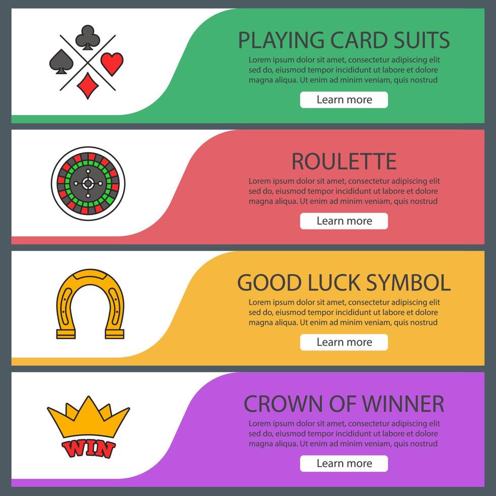 Casino web banner templates set. Playing cards suits, roulette, horseshoe, winner's crown. Website color menu items. Vector headers design concepts