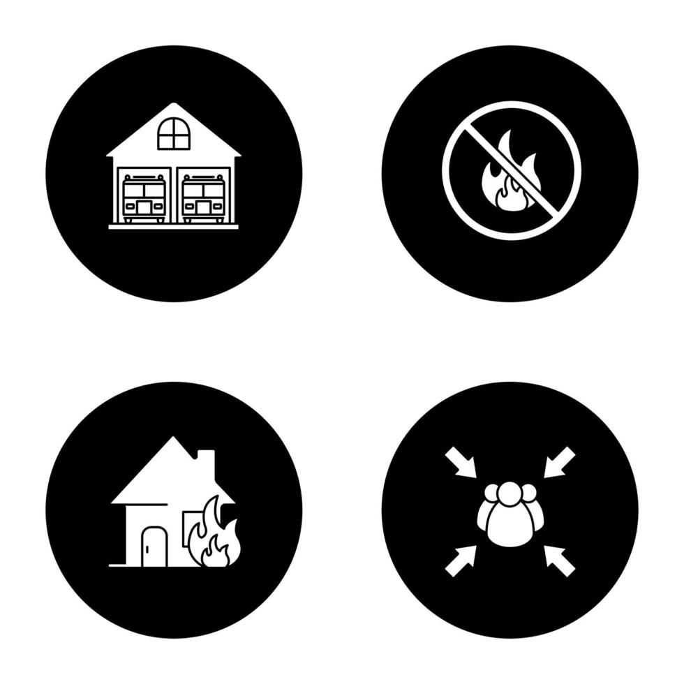 Firefighting glyph icons set. Burning house, fire station, fire assembly point, bonfire prohibition. Vector white silhouettes illustrations in black circles