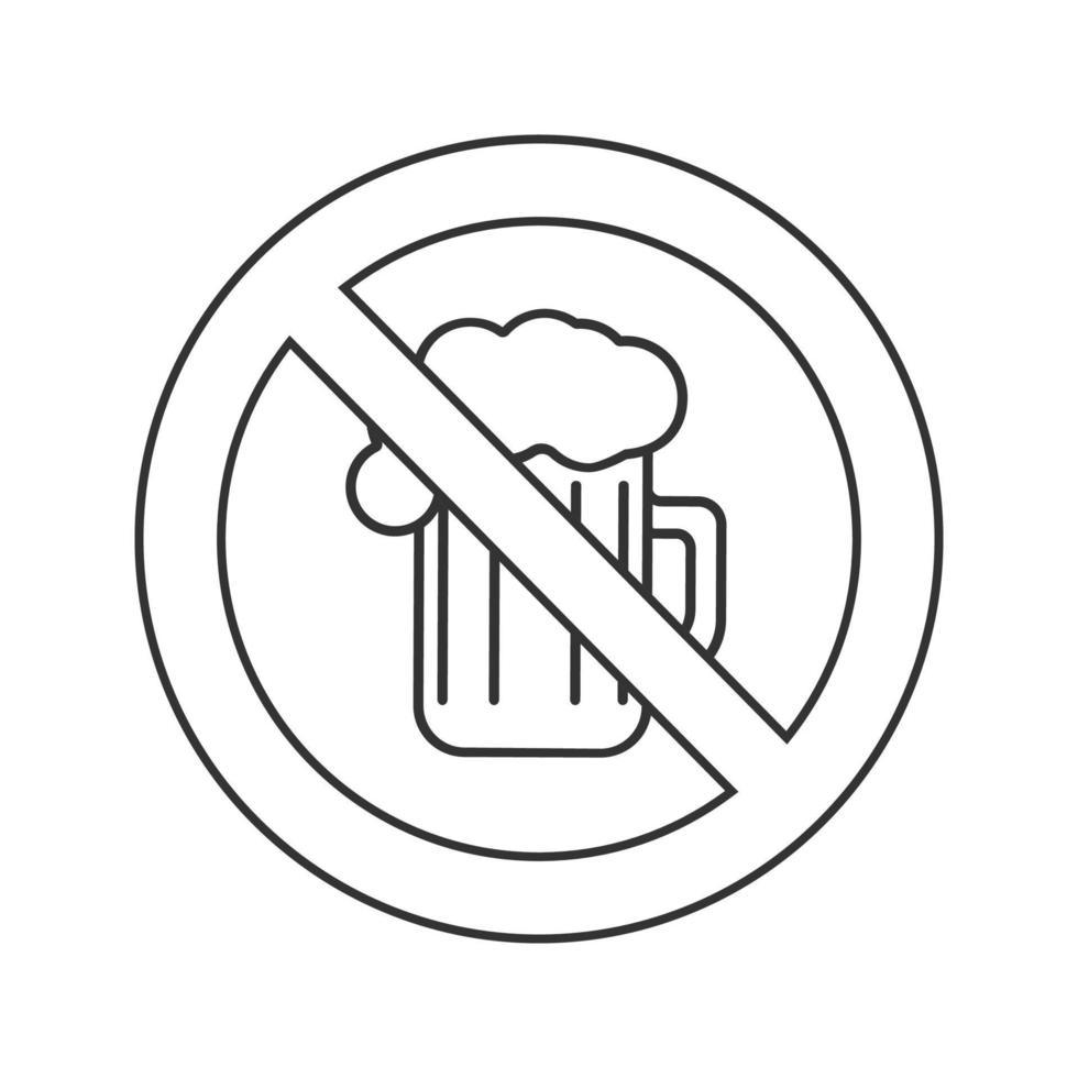 Forbidden sign with beer mug linear icon. Thin line illustration. No alcohol prohibition. Stop contour symbol. Vector isolated outline drawing