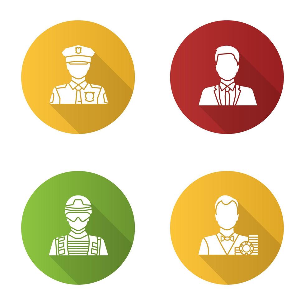 Professions flat design long shadow glyph icon. Occupations. Policeman, soldier, croupier, office worker. Vector silhouette illustration