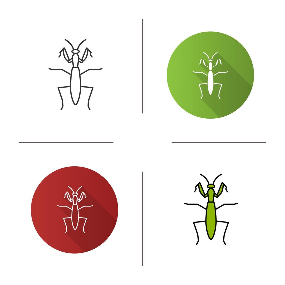 Praying mantis icon. Flat design, linear and color styles. Mantodea. Insect. Isolated vector illustrations