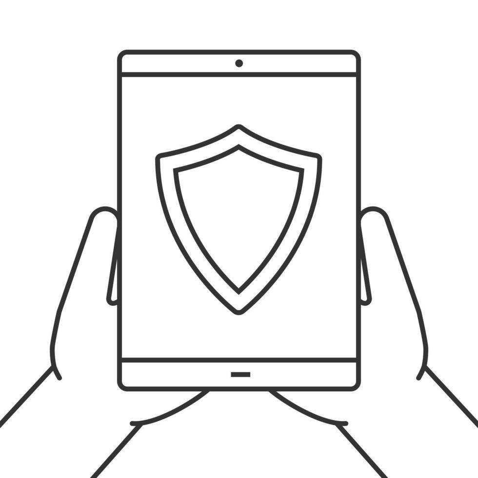 Hands holding tablet computer linear icon. Cybersecurity. Antivirus program. Thin line illustration. Tablet computer with shield. Contour symbol. Vector isolated outline drawing