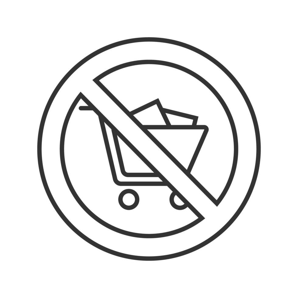 Forbidden sign with shopping cart linear icon. Thin line illustration. No shopping carts prohibition in supermarket. Stop contour symbol. Vector isolated outline drawing